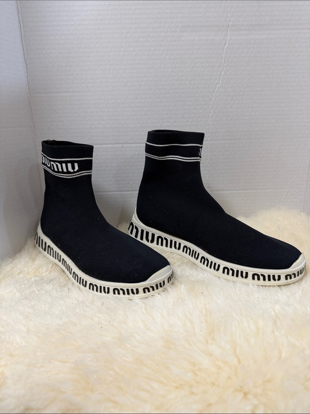 Miu Miu Black Knit Sock Sneakers with Logo-Trim Sole
